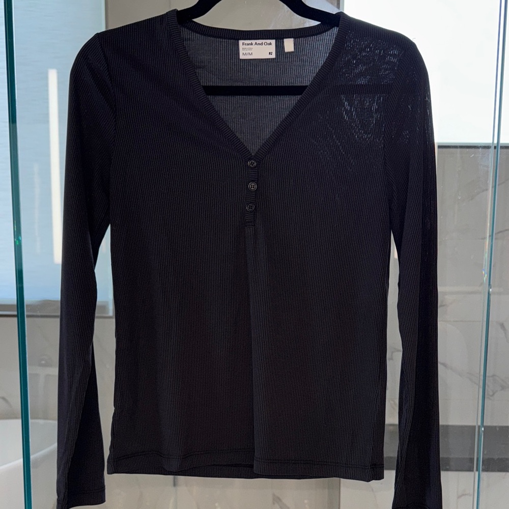 Frank & Oak Dark Grey Ribbed V-neck Henley
